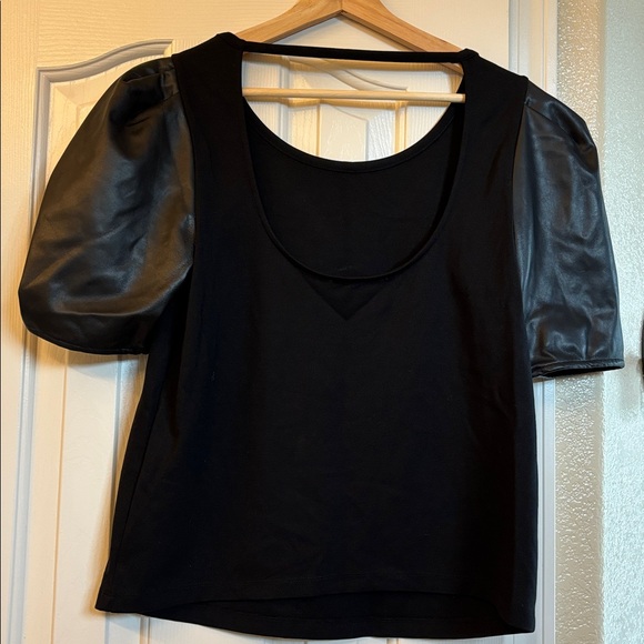 Anthropologie Faux Leather Puff Sleeve Blouse - Picture 3 of 3